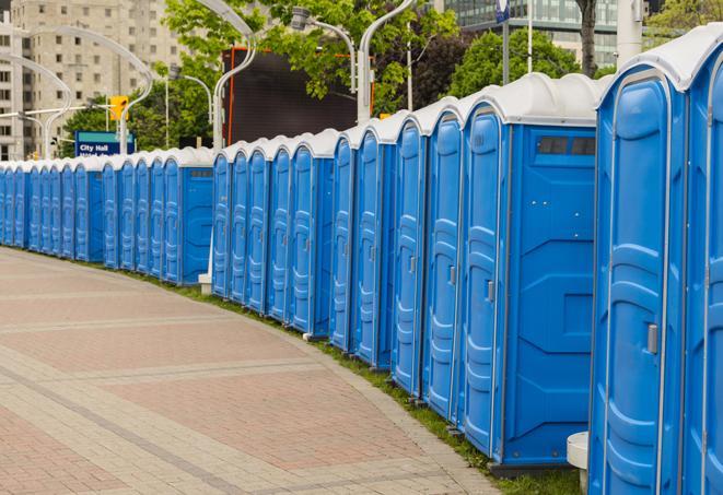 a fleet of portable restrooms ready for use at a large outdoor wedding or celebration in Chauncey